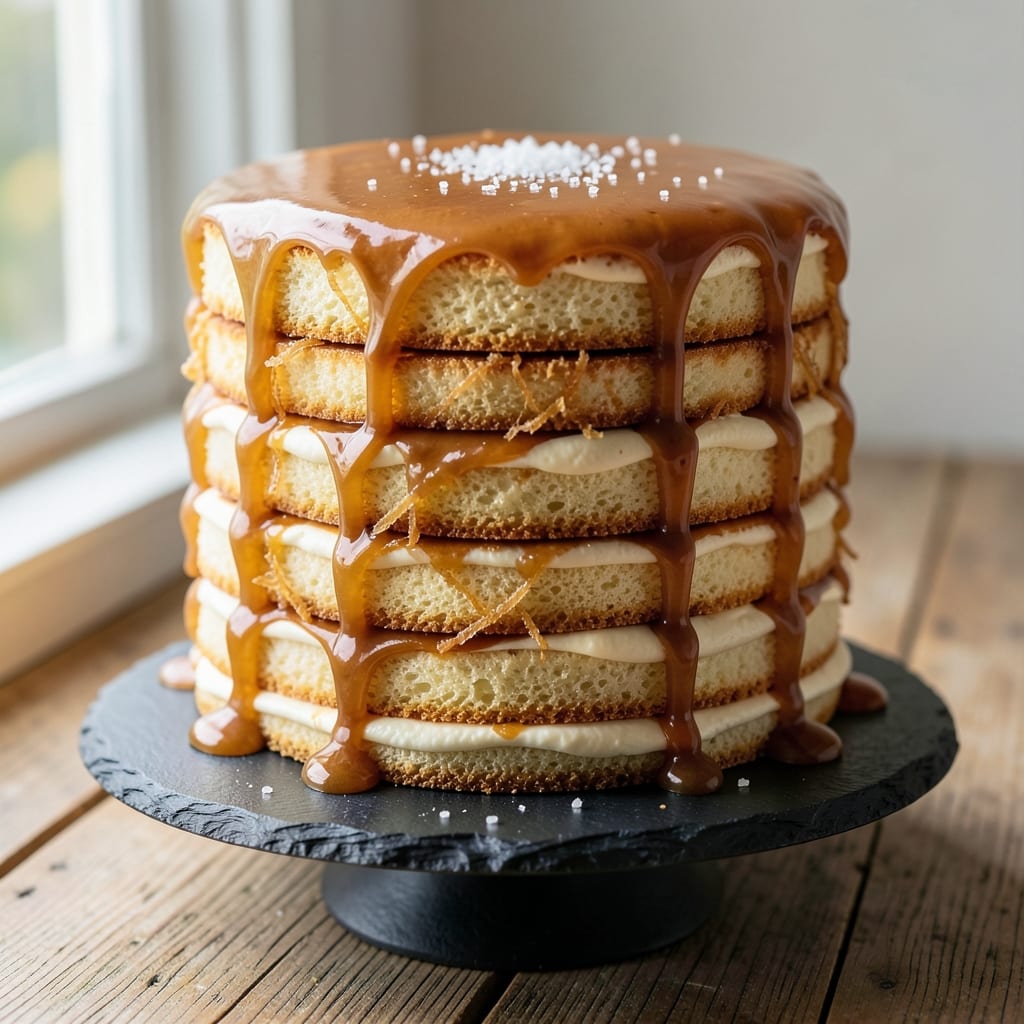 10 Layer Caramel Cake Recipe: Caramel Rivers and Crispy Top Contrast